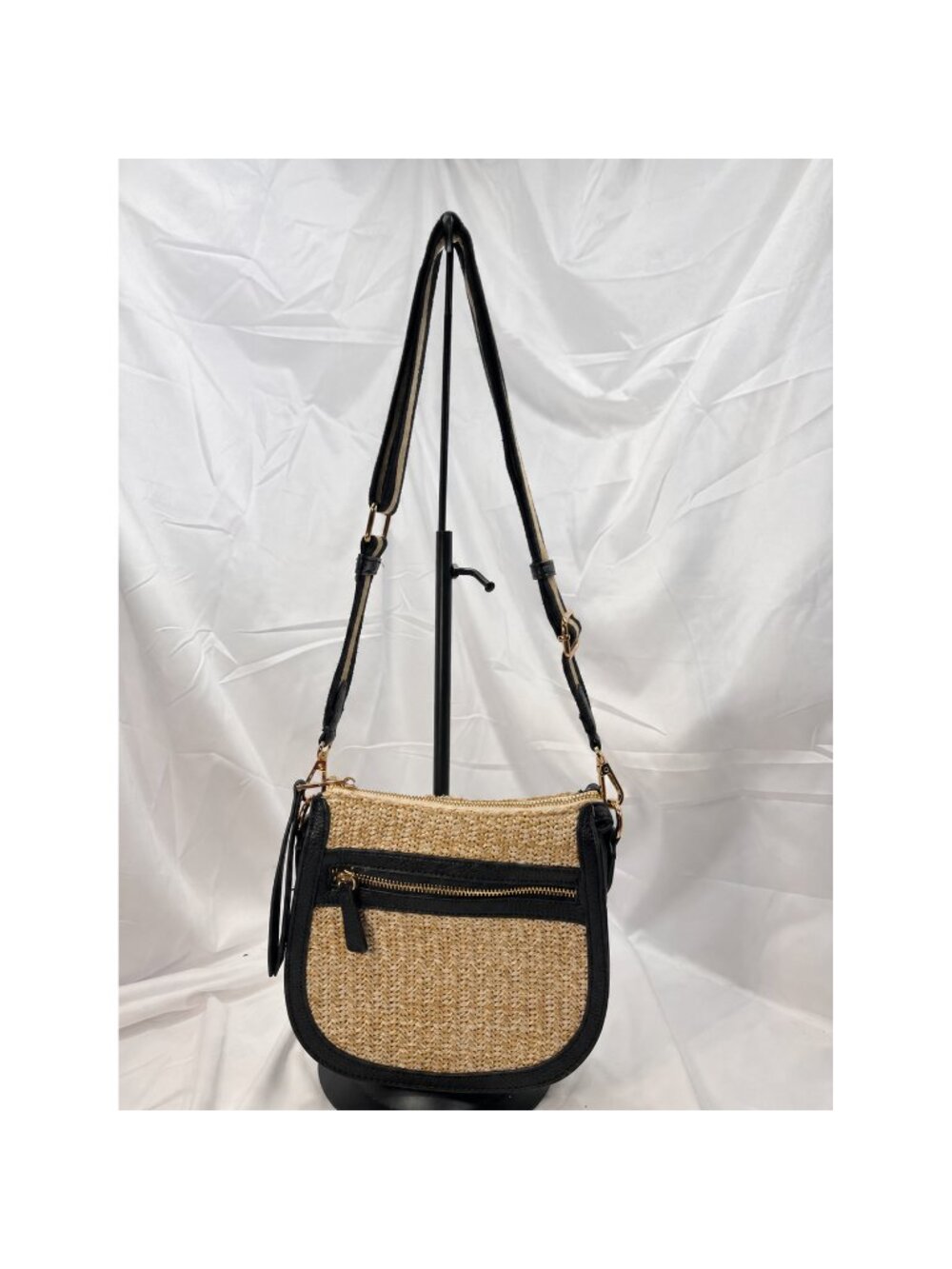 Crown Vintage Woven Straw Crossbody Bag Black Trim Gold Hardware Striped Strap